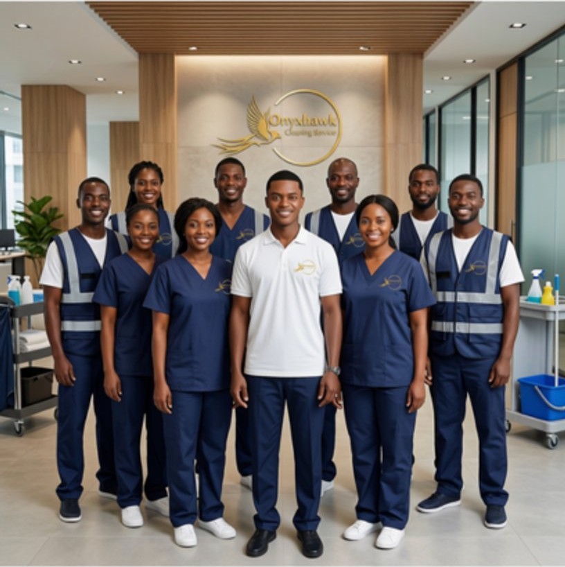 The OnyxHawk crew in branded uniform at the office